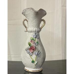 VTG Sculptured Hand Painted Hobnail Texture 3D Rose Vase With handles. Mint